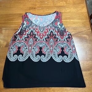 Black Sleeveless Top with Red & White Pattern